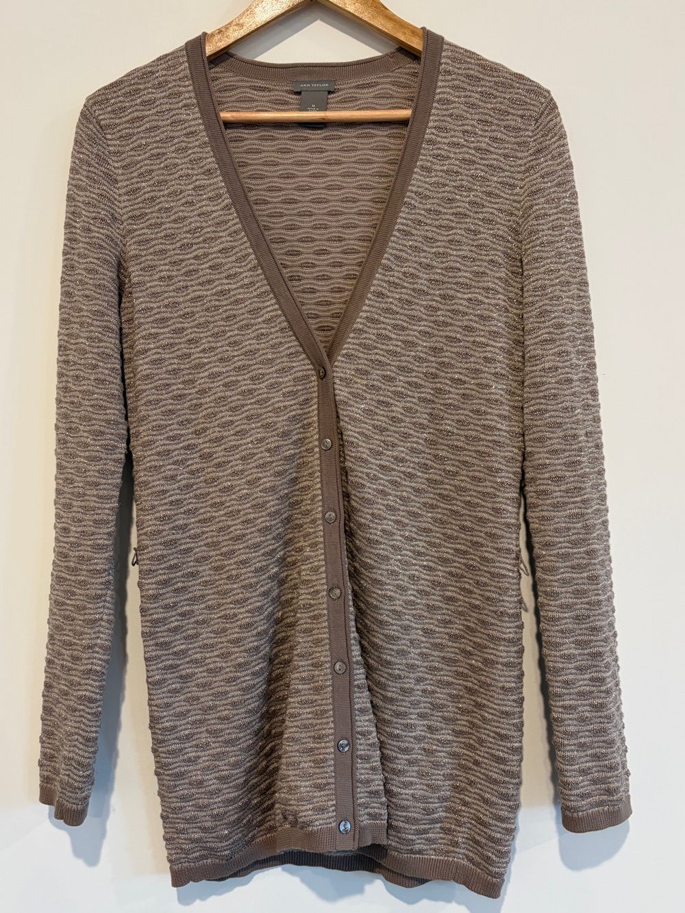 Ann Taylor Size M Tan Metallic Knit Cotton Blend Long Button Front Cardigan